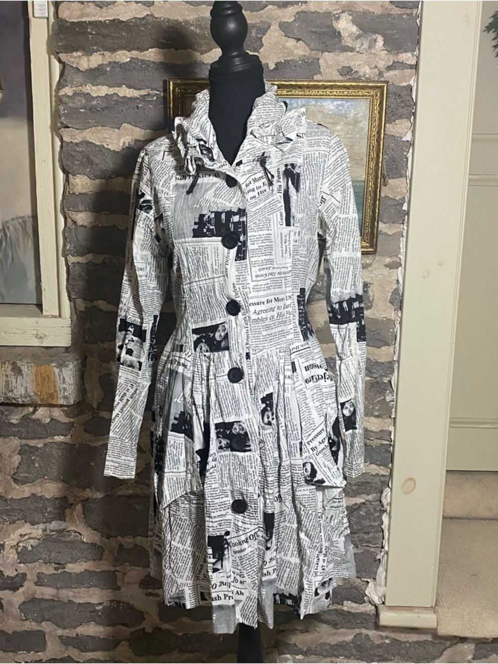 Newspaper Print Long-Sleeve Button Front Dress - Black & White